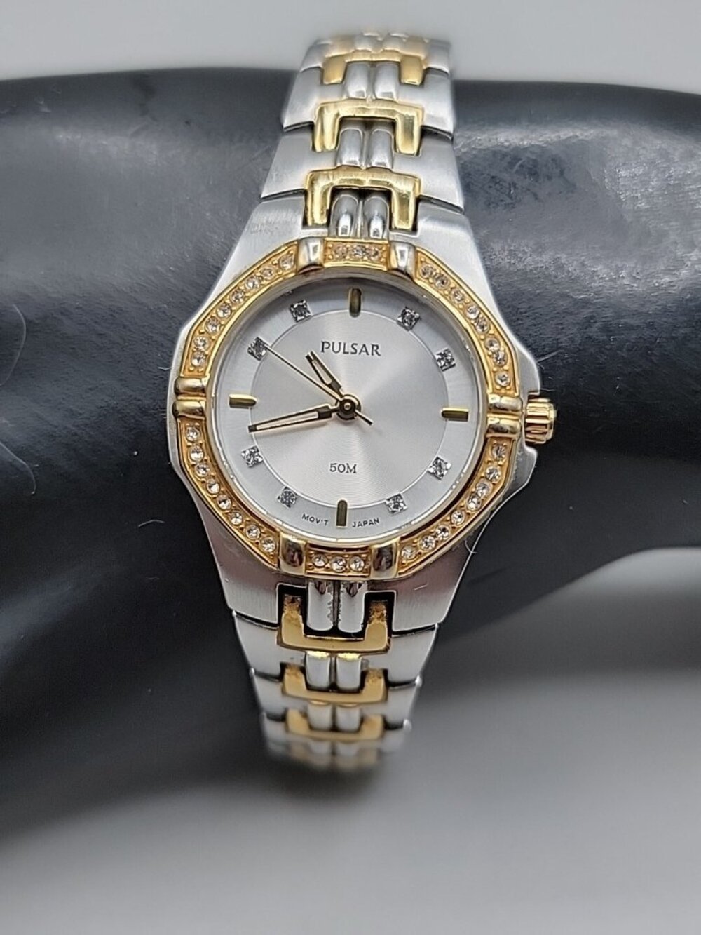 Pulsar Ladies Watch Quartz Swarovski Crystal Bezel 7" 27mm 851057 Two Tone